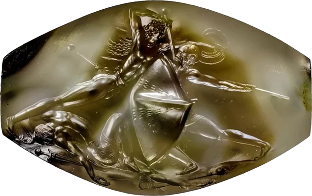The Pylos Combat Agate: on an almond-shaped stone of banded agate, a warrior lunges over a great body-shield to drive his sword at the neck of a second, crested warrior, while a third lies dead beneath them